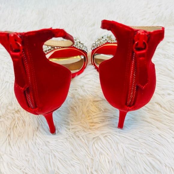 Badgley Mischka Red Satin Rhinestone Ankle Strap Heels 7M - Picture 9 of 9